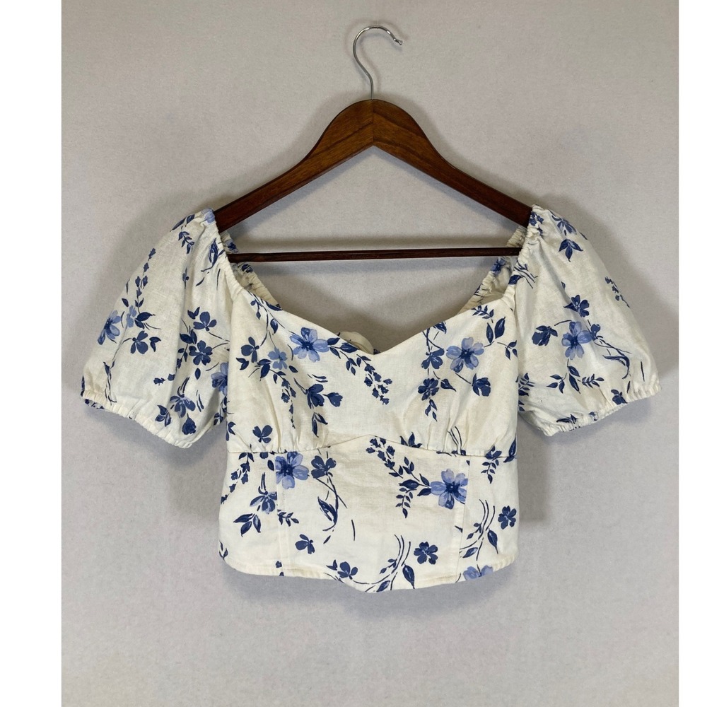 Prairie Picnic Hollister Women Med White Blue Floral Linen Puff Sleeve Crop Top